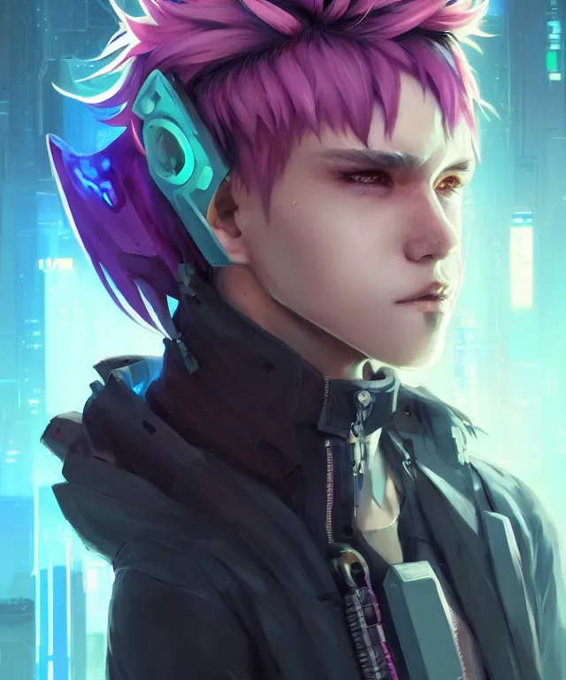 Image similar to character concept art of a cute cyberpunk boy with colorful hair and wolf ears and freckles | | cute - fine - face, pretty face, key visual, realistic shaded perfect face, fine details by stanley artgerm lau, wlop, rossdraws, james jean, andrei riabovitchev, marc simonetti, and sakimichan, trending on artstation