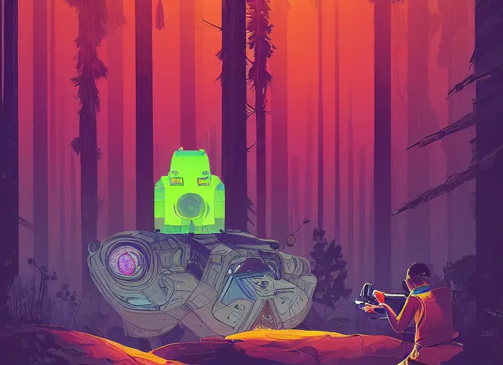 Image similar to aliens discovering technological artifact in a forest. in gta v by android jones and petros afshar, tom whalen, james gilleard