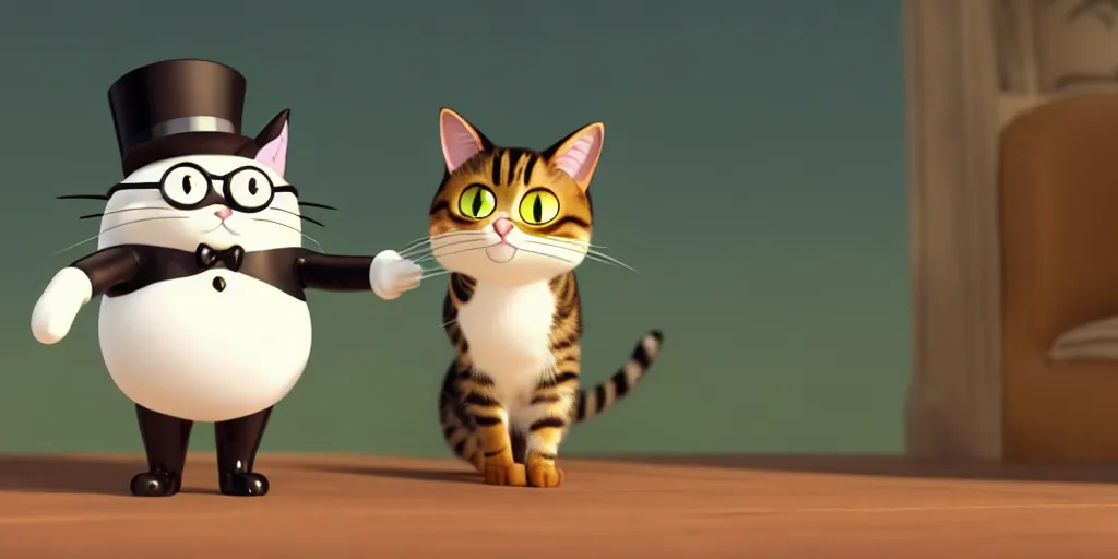 Image similar to a wholesome animation key shot of a cute cat with a monocle and top hat studio ghibli pixar and disney animation sharp render