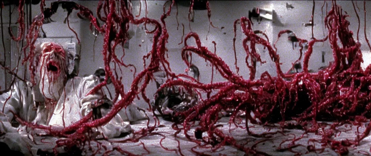 Image similar to filmic extreme wide shot movie still 4 k uhd interior 3 5 mm film color photograph of a hairy man with torn bloody clothes red noodles slime and tentacles coming out of his chest grabbing a scientist in a lab coat who is screaming oh my god and looking up for help, in the style of the horror film the thing 1 9 8 2