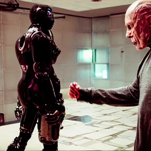 Image similar to cyberpunk buff old man fighting Deadcode humanoid robot Emmanuel Lubezki