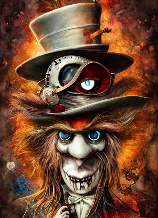 Prompt: mad hatter, angry, scary, cheeky, steampunk googles, highly detailed, cinematic, 8 k, by megan duncanson, benjamin lacombe, stanley artgermm, tom bagshaw, craig mullins, carne griffiths, ayami kojima, beksinski, giger, trending on deviantart, hyper detailed, horror, full of colour