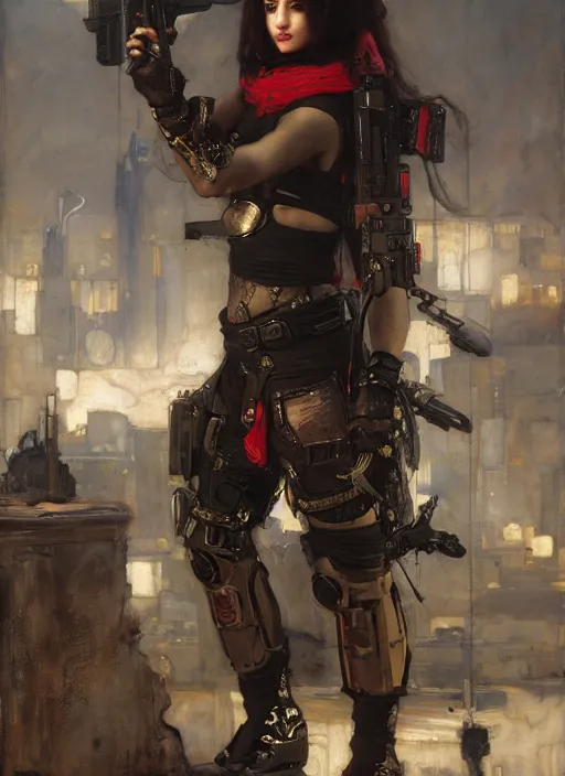 Image similar to beautiful cyberpunk mercenary in tactical gear. Iranian orientalist portrait by john william waterhouse and Edwin Longsden Long and Theodore Ralli and Nasreddine Dinet, oil on canvas. Cinematic, hyper realism, dramatic lighting, high detail 4k