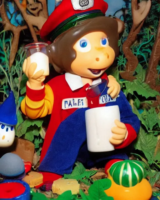 Prompt: noddy drinking milk in a haunted jungle full of cheese at midnight with disco lights and dancing policeman