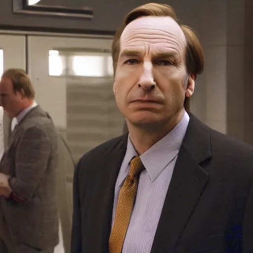 Prompt: saul goodman's character portrayed by bob odenkirk, from the show, breaking bad and better call saul, hitting an enormous, complex dab rig with christian bale's character, patrick bateman from american paycho.