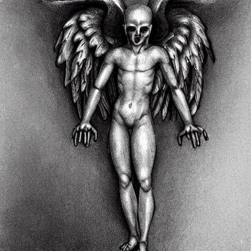 Image similar to humanoid with left half angelic wing and right half demonic wing, arms crossed in a dungeon