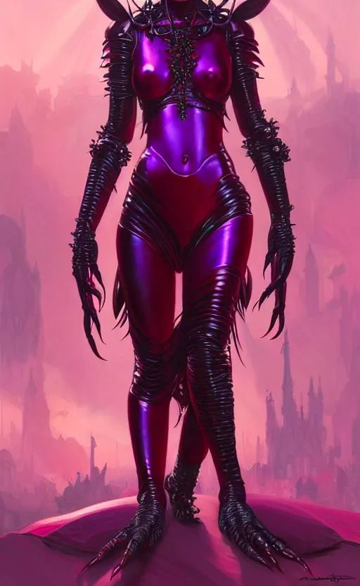 Image similar to Gothic crustacean princess in red and purple chitin armor, sci-fi, highly detailed, digital painting, artstation, concept art, smooth, sharp focus, illustration, art by artgerm and greg rutkowski and alphonse mucha