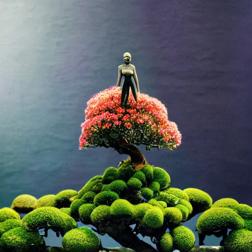 Image similar to A picture of a planet of various flowers, fungus and plants, Bonsai , in which the human figure is dressed in something magical and impressive, inside the picture is infinity, muted light, BotanicalAtmospheric phenomenon, artistic photography, muted colors, conceptual, Kodachrome