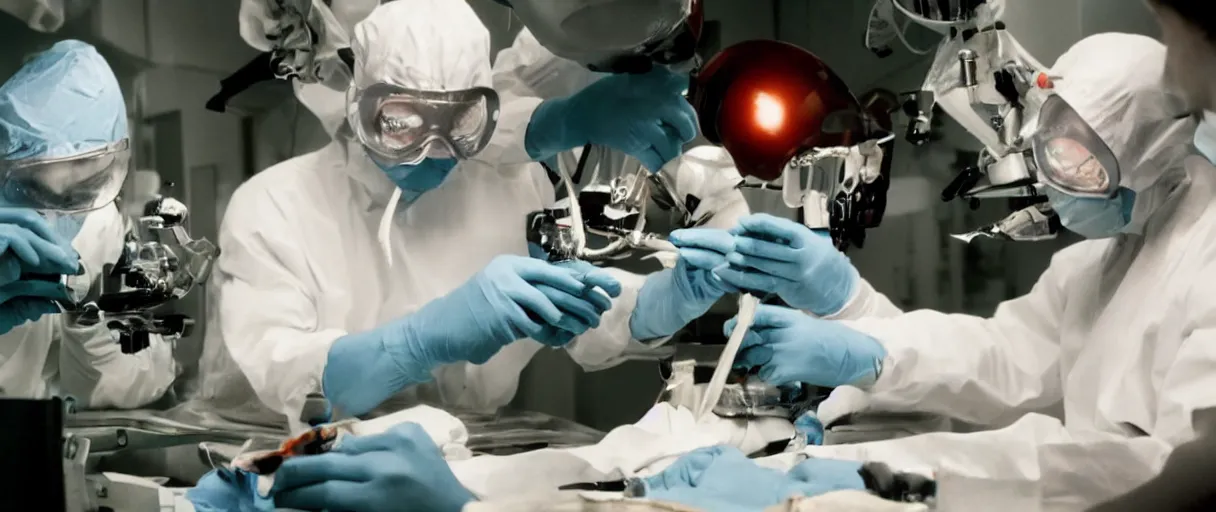 Image similar to filmic dutch angle extreme closeup movie still 4 k uhd 3 5 mm film color photograph of hands wearing surgical gloves dissecting a deceased mysterious grotesque alien specimen in a lab