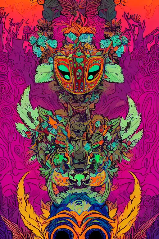 Image similar to animal mask totem roots flower tribal feather gemstone plant wood rock shaman vodoo video game vector cutout illustration vivid multicolor borderlands comics by josan gonzales and dan mumford radiating a glowing aura