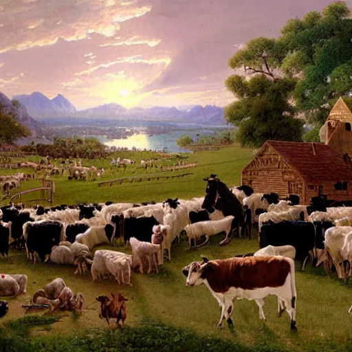 Prompt: an extremely detailed matte painting of the animals leaving noah's ark, dogs, cows, sheep, chickens, ducks, 4 k, noah's ark, antediluvian, by bob ross and norman rockwell