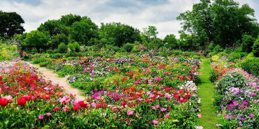 Image similar to walled garden full of flowers cinematography