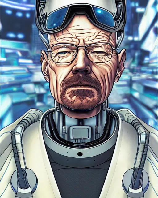 Image similar to portrait of walter white as a robot, cybernetic enhancements, art by makoto shinkai and alan bean, yukito kishiro