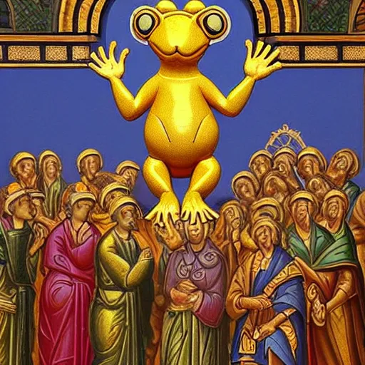 Image similar to people worship a huge statue of a golden frog, icon style, religion, bible, frescoes