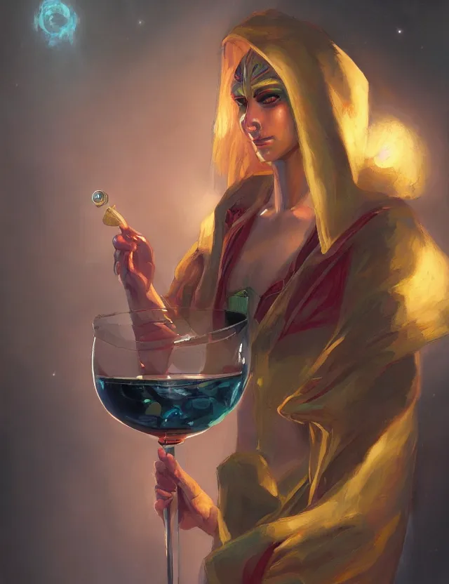 Image similar to androgynous deity of starlight and wine. this oil painting by the award - winning concept artist has interesting color contrasts, plenty of details and impeccable lighting.