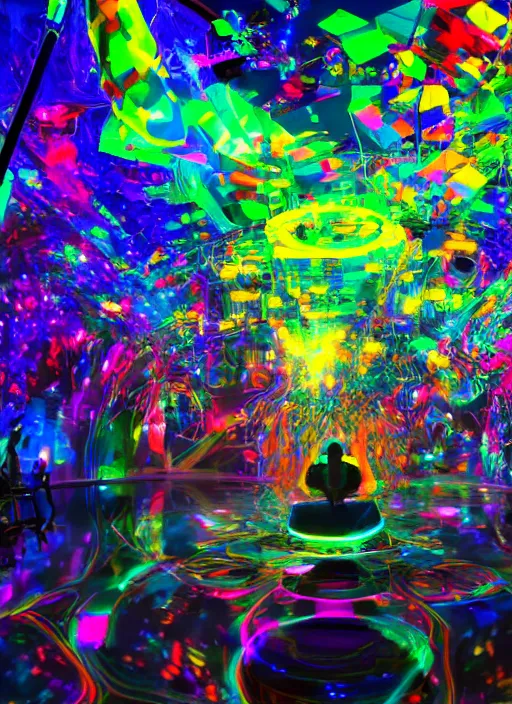 Image similar to cinematic shot cyberspace of creativity, very large floating holographic videos, hyper realistic, mood lighting, fantasy, detailed happy people creating colorful diverse art, big colorful video statues, highly detailed, super realistic, perfect lighting pixel sorting, style sheet