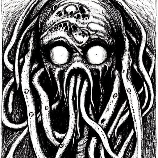 Prompt: a scary drawing of cthulhu by junji ito, horror, madness