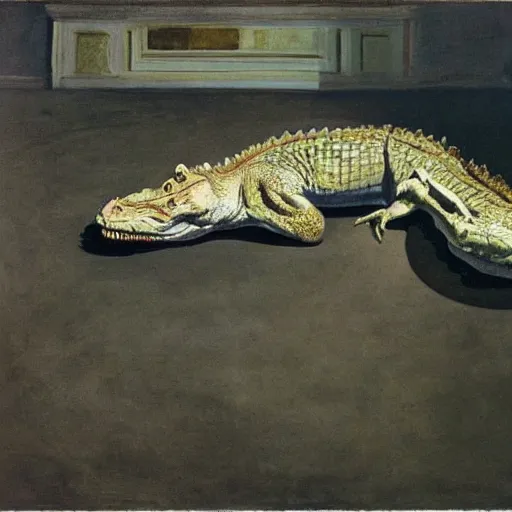 Image similar to crocodile, by francis bacon, by lucian Freud