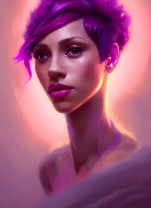 Image similar to portrait of vanessa morgan with bright pink hair, curly pixie cut hair, wearing a purple cap, breton cap, intricate, elegant, glowing lights, highly detailed, digital painting, artstation, concept art, smooth, sharp focus, illustration, art by wlop, mars ravelo and greg rutkowski
