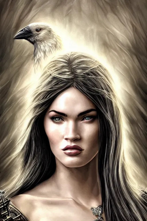 Image similar to majestic and regal portrait of megan fox female white raven, dc universe, perfect face, beautiful, intricate, epic, elegant, fantasy, highly detailed, digital painting, hard focus, beautiful volumetric lighting, epic light, ultra detailed, by leesha hannigan, ross tran, thierry doizon, kai carpenter, ignacio fernandez rios