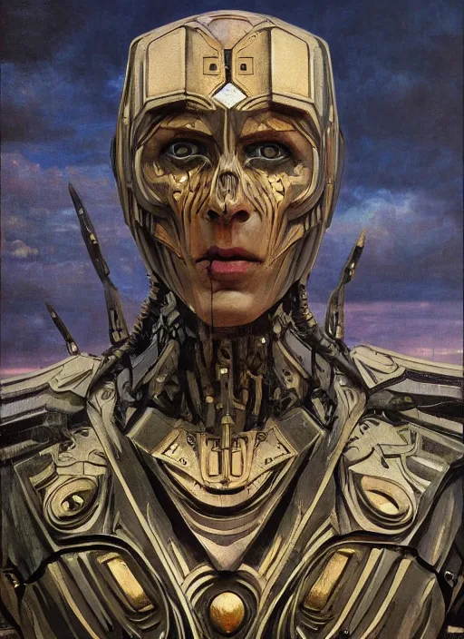 Image similar to symmetry! closeup biblical diabolical beautiful wooden cyborg! stylish armor, heavy eyes to the side, closeup, bright glowing eyes, in clouds, rain, sunset, portrait, by gerald brom, by mikhail vrubel, by peter elson, muted colors, extreme detail, mirrors, trending on artstation, 8 k