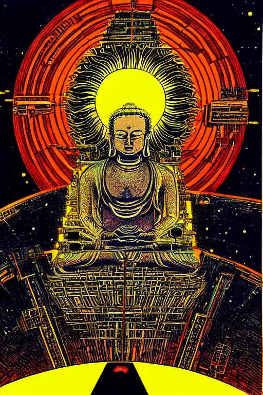 Image similar to a blazing geometric sun above a techno buddha, detailed, 4 k, warm colours, by stanley donwood and philippe druillet,