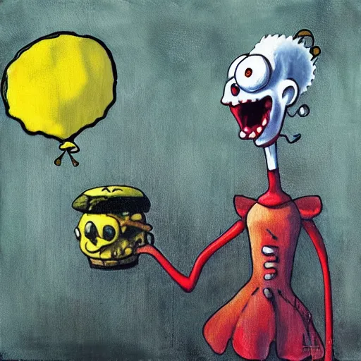 Image similar to grunge painting of spongebob with a wide smile and a red balloon by chris leib, loony toons style, pennywise style, corpse bride style, horror theme, detailed, elegant, intricate