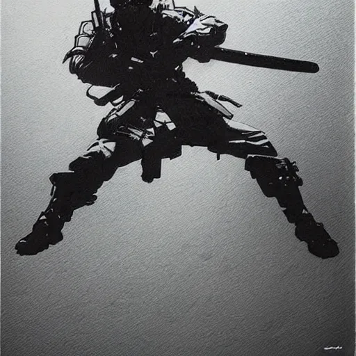 Image similar to splitting a bullet with a sword, samurai vs swat team hyperrealism yoji shinkawa