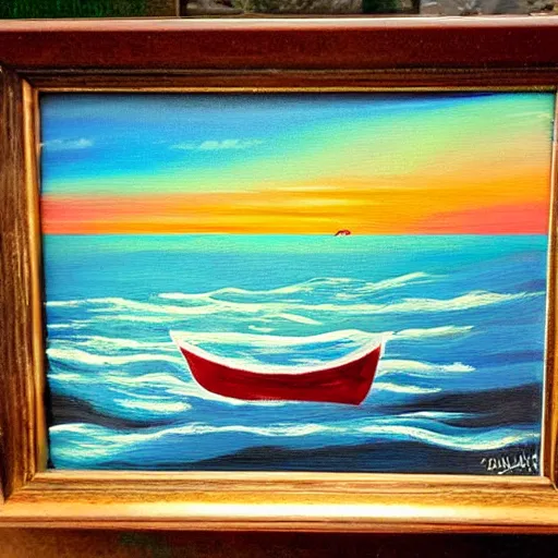 Image similar to a sea landscape with a boat in sunset acrylic paint