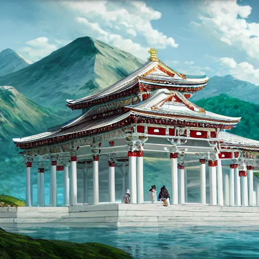 Image similar to concept art painting of a white marble temple on top of a mountain, with greek and japanese architecture, overlooking a valley with a village below, realistic, detailed, cel shaded, in the style of makoto shinkai and greg rutkowski and albert bierstadt and james gurney