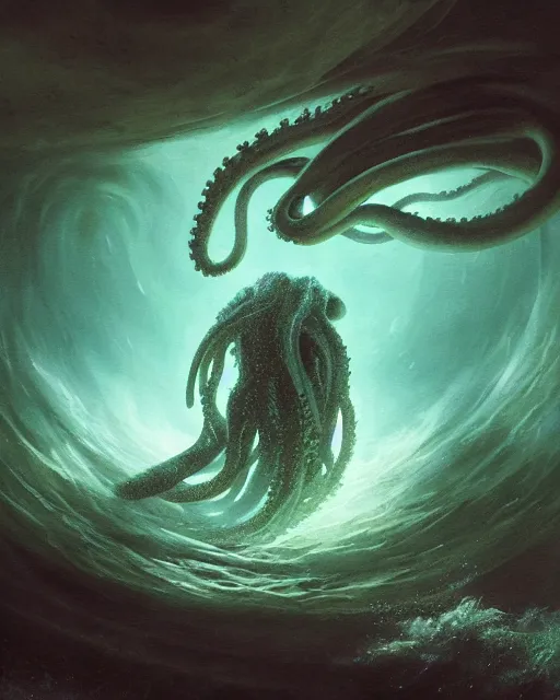 Image similar to A matted painting of a sea monster with many tentacles, on an underwater environment with expansive views of space, dark and moody, inspired by greg rutkowski and Keith Mallett, digital art, extremely moody lighting, glowing light and shadow, atmospheric, shadowy, cinematic