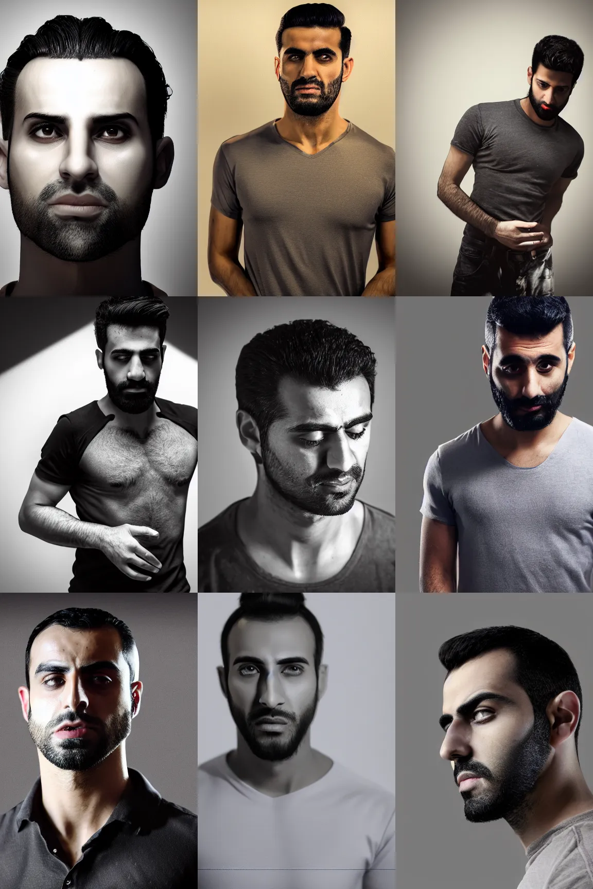 Prompt: portrait photo of a modern ( middle eastern ) man wearing a dark shirt, upper body game avatar, kodak film stock, chiaroscuro lighting, stylized bold outline, default pose neutral expression, face on head shot, closeup, eye contact, sharp focus, flat grey background, 4 k, volumetric lighting, french nouveau, artstation, octane render, ultra detailed