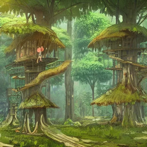 Image similar to concept art painting of treehouses made out of trees, walkways between trees, trees with doors and windows in a deep forest, realistic, detailed, cel shaded, in the style of makoto shinkai and greg rutkowski and james gurney