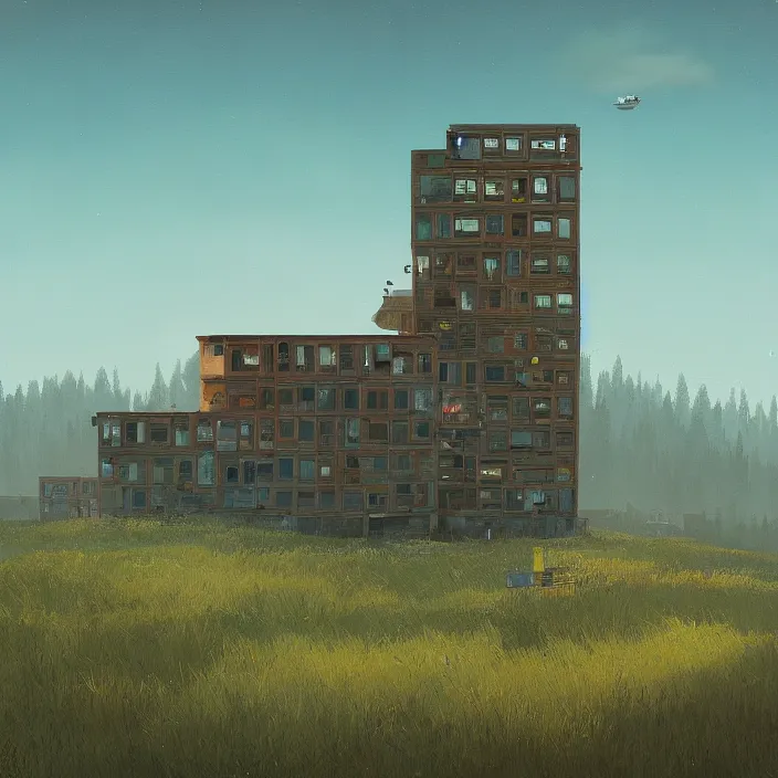 Prompt: a building in a landscape, by simon stalenhag