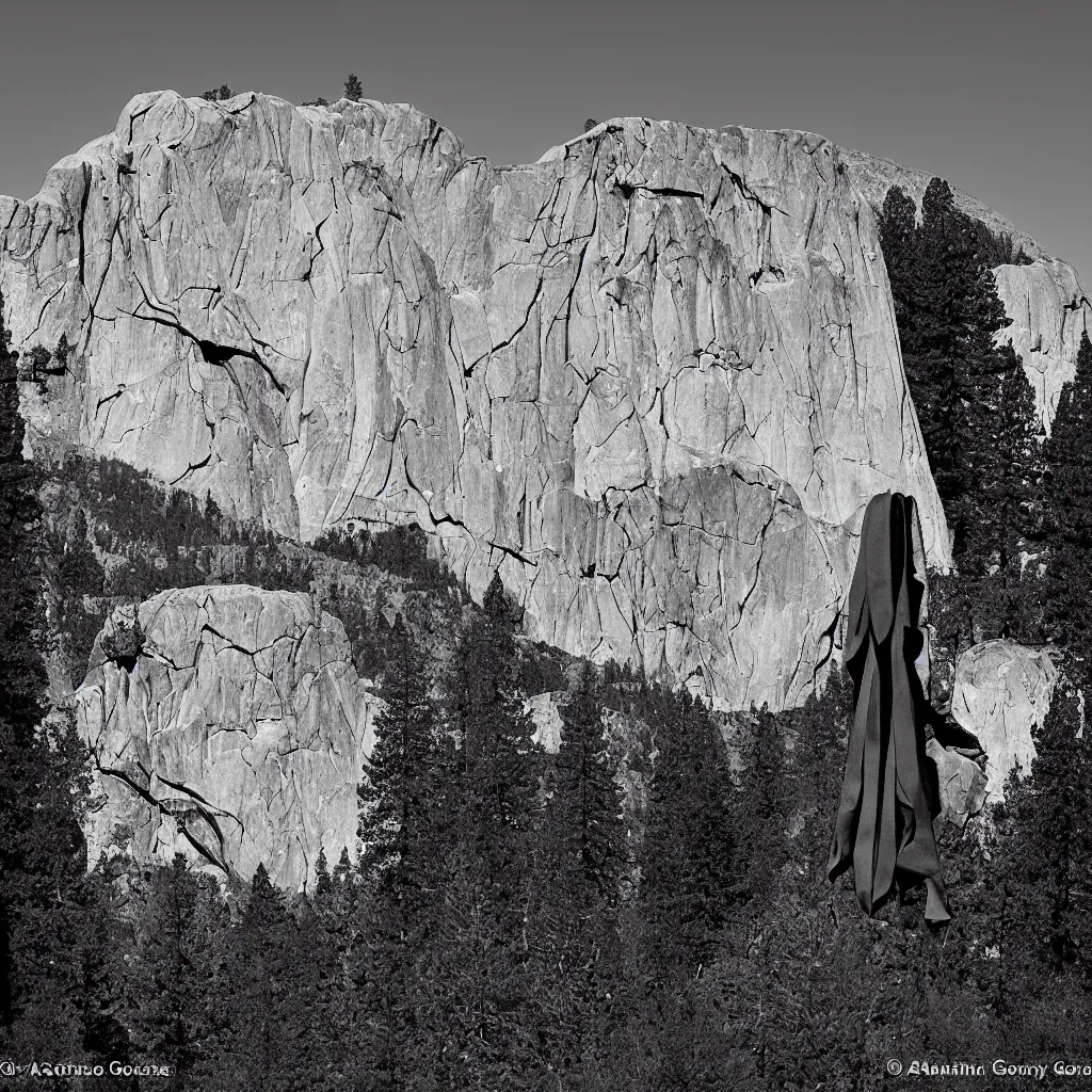 Prompt: to fathom hell or soar angelic, just take a pinch of psychedelic, a colossal minimalistic necktie sculpture installation by ( ( anthony caro ) ) and ( antony gormley ), reimagined by future artists in yosemite national park, granite peaks visible in the background, in the distant future, taken in the night