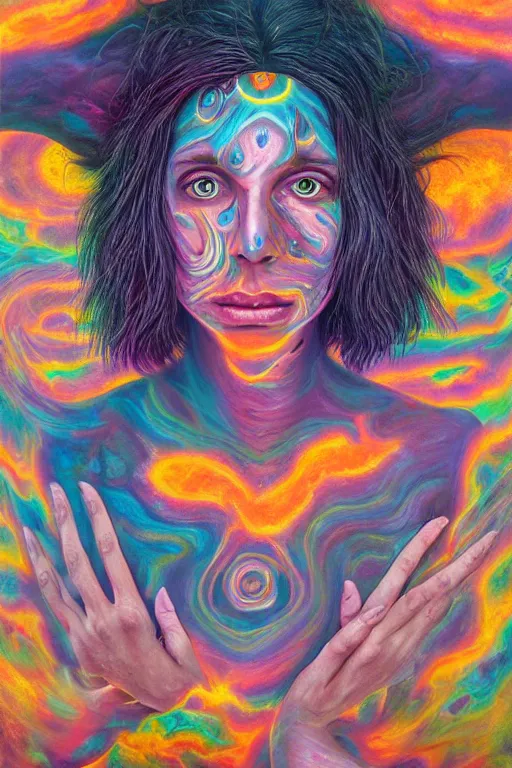 Image similar to acid tripping cult girl third eye open, chakra energy waves resonating from her body, ethereal aura, epic surrealism 8k oil painting, portrait, perspective, high definition, post modernist layering, by Sean Yoro, Casey Weldon