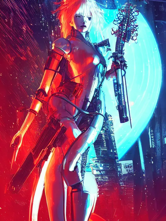 Image similar to a futuristic female geisha warrior, red hair made out of water, blade runner, akira, ghost in the shell, 2077, style of Laurie Greasley and Satoshi Kon + symmetric lights and smoke, psychedelic effects , glowing particles, neon rain, glowing runes, de-noise, symmetrical composition, high detailed + tarot card, ornate border, 8k,