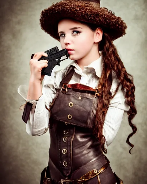 Image similar to Young girl in steampunk clothes, she wears boots and holds a gun, full body shot, sharp focus, photography, very detailed, dark hair, by nikon, by Iphone, 4k