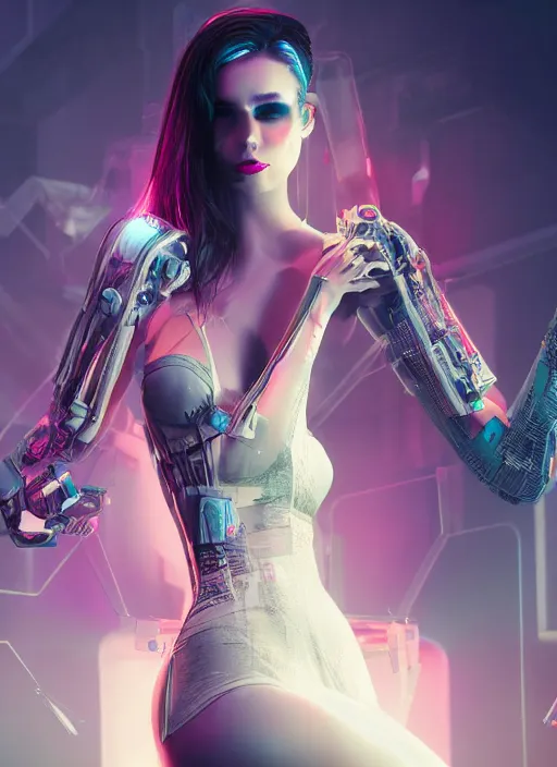 Image similar to cyberpunk bride, elegent, magic background, dynamic lighting, character concept, gaudy colors, octane render aesethic, radiant lighting, hd