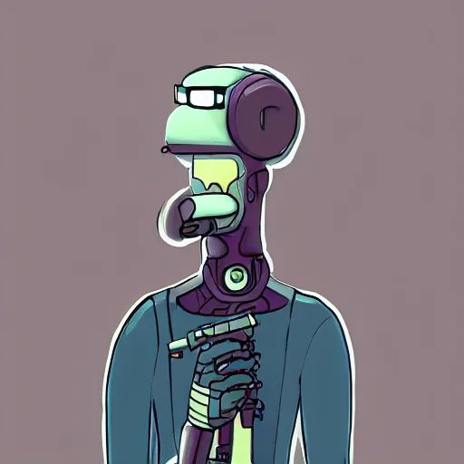 Prompt: cyberpunk robotic squidward playing clarinet, sharp lines, digital, artstation, colored in