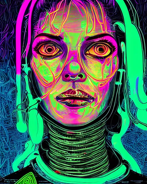 Prompt: intricate portrait of a cyborg woman with twisting wires and dripping neon paint, by dan mumford and alena aenami