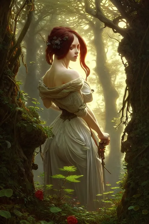 Image similar to beautiful digital painting of a stylish medieval female forest with high detail, 8 k, stunning detail, works by artgerm, greg rutkowski and alphonse mucha, unreal engine 5, 4 k uhd