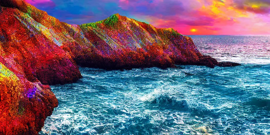 Image similar to glittering multicolored crystal cliffs, viewed from the ocean, high quality digital art,