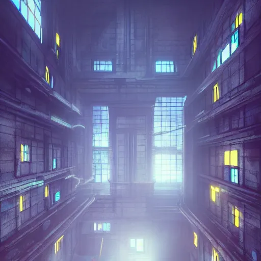 Image similar to One dilapidated building with only one window glowing. ArtStation, Cyberpunk, Vertical Symmetry, 8K, Highly Detailed, Intricate, Album Art.