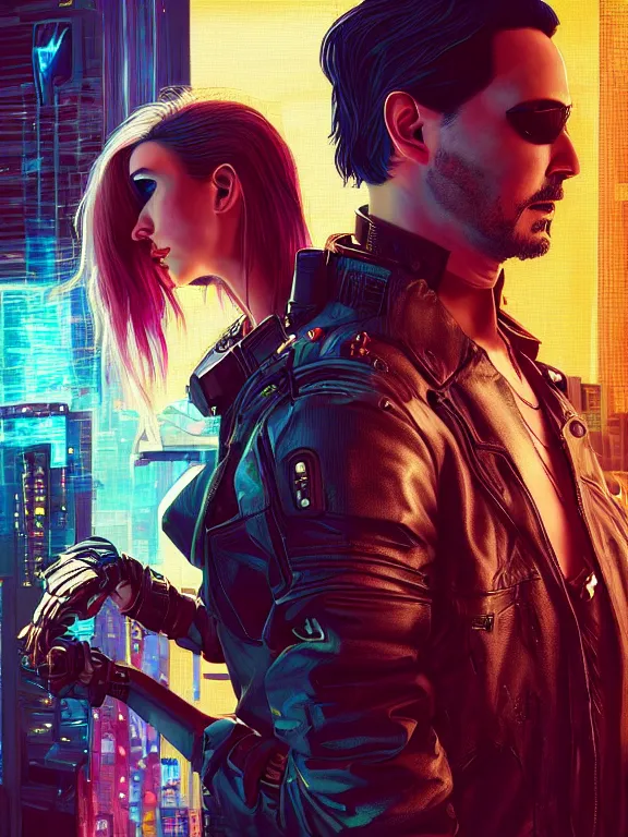 Prompt: a cyberpunk 2077 srcreenshot couple portrait of Keanu Reeves&female android in kiss,love,film lighting,by Laurie Greasley,Lawrence Alma-Tadema,Dan Mumford,artstation,deviantart,FAN ART,full of color,Digital painting,face enhance,highly detailed,8K,octane,golden ratio,cinematic lighting
