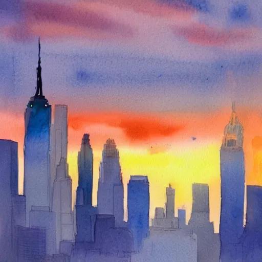 Image similar to new york at sunrise. watercolor. trending on artstation.