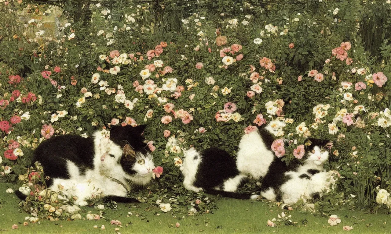 Prompt: a portrait of a cat sitting in the garden surrounded by flowers and plants, painting by Lawrence Alma-Tadema, children's book illustration
