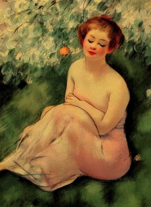 Prompt: vintage beautiful painting of a beautiful woman sleeping in a pear in Mary Cassatt style