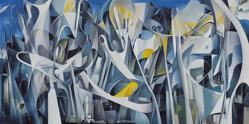 Prompt: a painting of abstract buildings like amalfi coast by zaha hadid and yves tanguy and aaron horkey