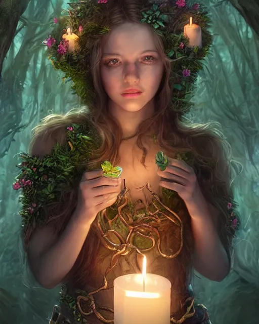 Image similar to portrait high definition photograph cute girl holding a candle fantasy character art, hyper realistic, pretty face, hyperrealism, iridescence water elemental, snake skin armor forest dryad, woody foliage, 8 k dop dof hdr fantasy character art, by aleski briclot and alexander'hollllow'fedosav and laura zalenga